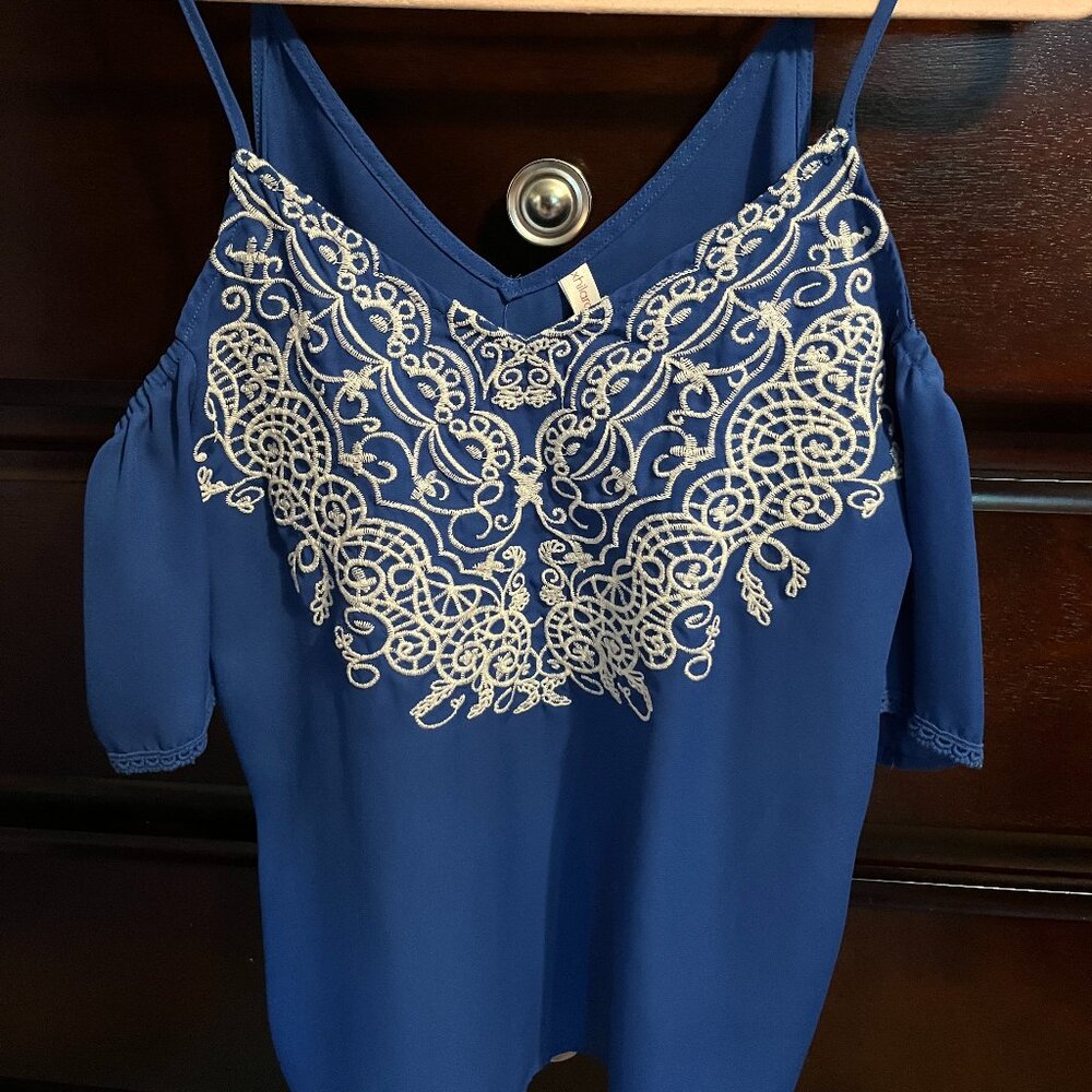 Bright Blue Off-the-Shoulder top with white embroidery